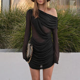 LIZAKOSHT - Irregular Fashion Solid Color Long Sleeve Slimming Mesh Inclined Shoulder Shrink Fold Short Dress Sexy Street Clothing