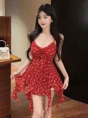 LIZAKOSHT - Camis Sexy Floral Printed Irregular Ruffles Slim Patchwork Flowers Vintage Summer Fashion Sweet Tank Tops Ladies Casual