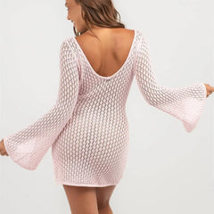 LIZAKOSHT - Women Crochet Cover Up Dress Summer Long Sleeve Hollow Out Knit Mini Dress Sexy V Neck Backless Swimsuit Beach Dress