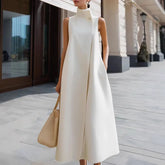 LIZAKOSHT - Fashion Stand Collar Pocket Commuter Vest Dress Sexy Sleeveless High Waist Long Dress Lady Elegant One Button Design Party Dress