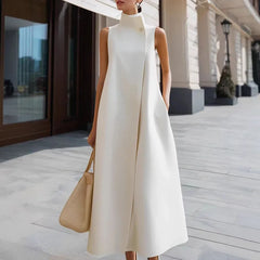 LIZAKOSHT - Fashion Stand Collar Pocket Commuter Vest Dress Sexy Sleeveless High Waist Long Dress Lady Elegant One Button Design Party Dress