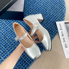 LIZAKOSHT Original retro rhinestone Mary Jane single shoes women's small leather shoes one word with thick heel ballet shoes women's shoes