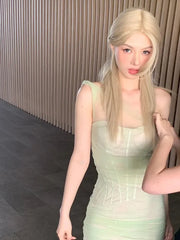 LIZAKOSHT - Summer Sleeveless One-shoulder Temperament Mint Mambo Stitching Lace Mesh Slim-fit Sexy Short Dress