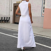 LIZAKOSHT - Spring Turn-down Collar Top & Button Slit Skirts Outfit Women Fashion Solid Two Piece Straight Set Summer Sleeveless Casual Suit