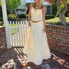 LIZAKOSHT - 2 Piece Set Women Outfit Sexy Solid Color Tie Up Front Sleeveless Crop Tops and Long Skirts 2000s Clothing Streetwear
