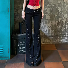 LIZAKOSHT - Personality Low Sken Waist Lrregular High Street Women Pant Y2k Gothicn High Street Rivet Nail Long Flare Pants Casual Trousers