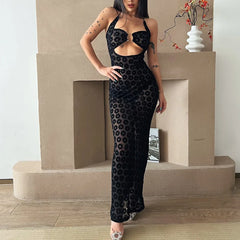 LIZAKOSHT - y2k Dress Women Summer Floral Print Hollow Out Spaghetti Strap Sleeveless Halter Neck Bodycon Dresses Party Dresses