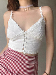 LIZAKOSHT - Sexy White Spliced Lace Flower V Neck Camisole Women Summer Corset Single-breasted Buttons Short Tank Tops Retro Slim Crop Top