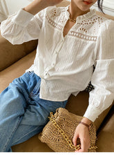 LIZAKOSHT - Ruffles Long Sleeve Ladies Tops White Blouses shirts Women Floral Embroidey Lace 100% Cotton Boho Casual Spring Summer Blouse