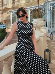 LIZAKOSHT - Polka Dot Printed Long Dress Women Summer O Neck Sleeveless Black Dress Elegant Maxi A-line New in Vestidos Spring Dress