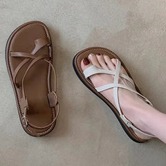 LIZAKOSHT - Crossed-tied Flats Sandals For Women Buckle Strap Round Toe Solid Color Female Shoes Stylish Runway Narrow Band Designer Shoes