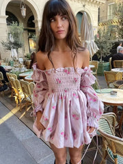 LIZAKOSHT Floral Printed Pink Satin Short Summer Dress Women Spring Off Shoulder Boho Party Beach Vestidos Long Sleeve Sundress
