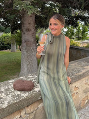 LIZAKOSHT - Contrast Color Hanging Neck Maxi Dress Women Chic Off Shoulder Sleeveless Split Loose Long Robes Lady Casual Party Dresses