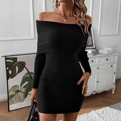 LIZAKOSHT - Women's New Spliced Fashionable Solid Color Slim Fit Casual Long Sleeved Knitted One-piece Collar Dress