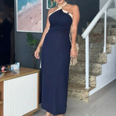 LIZAKOSHT  -  Women Fashion Cotton Linen Split Long Dress Elegant Sleeveless Backless Solid Party Dresses Sexy Cross Halter Temperament Dress