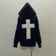 LIZAKOSHT  -  American Vintage Punk Embroidery Cross Autumn Winter Cardigan Hooded Sweatshirt Jacket Fleece Streetwear Black Long Sleeve Coat