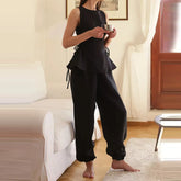 LIZAKOSHT - Casual O-Neck Sleeveless Lotus Leaf Swing Outfit Lady Elegant Side Tie Up Vest+Skirt 2pc Set Chic Solid Waist Cinch Commute Suit