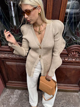 LIZAKOSHT - V-Neck Shoulder Pad Knit Jacket Woman Wavy Edge Sleeves Single Breasted Solid Color Slim Tops Versatile Causal Women's New Tops