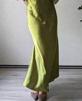 Silk Satin Skirts for Women Summer Casual Style A-line Solid Color Elastic High Waist Side Slit Champagne Skirt