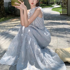 LIZAKOSHT - Summer Women French Premium Niche Temperament Seaside Holiday Blue Hanging Neck Large Size Sanya Beach Dresses