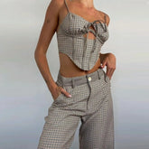 LIZAKOSHT  -  Tracksuit Women Suspender Square Collar Blouse &Button Pants Suit High Street Houndstooth 2-Piece Temperament Suit Lady