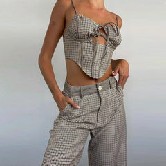 LIZAKOSHT - Tracksuit Women Suspender Square Collar Blouse &Button Pants Suit High Street Houndstooth 2-Piece Temperament Suit Lady