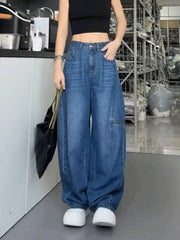 LIZAKOSHT  -  Blue Jeans Women Y2K Hip Hop Fashion Vintage High Waisted Cargo Jeans Streetwear Casual Loose Large Size Wide Leg Denim Pants