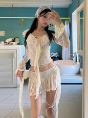 LIZAKOSHT - Two Pieces Set Lace Bandage Sexy Streetwear Slim Sweet Crop Tops + Women Y2k Aesthetic Vintage Harajuku Irregular Mini Skirts