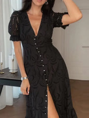 LIZAKOSHT - Elegant Hollow Out Dress For Women Fashion White V-neck Single Breasted Short Sleeve Slim Female Dresses 2025 Summer Lady Robe