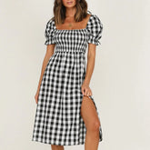 LIZAKOSHT - Womens Spring Cotton Plaid Check Puff Sleeve Midi Dress Ladies Summer Holiday Beach Split Sundress For Free Shipping