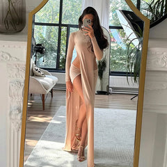 LIZAKOSHT - Fashion Women 2 Piece Set O Neck Long Sleeve Backless Asymmetrical Extra Long T-shirts Tops + Ruched Bodycon Maxi Skirts Suits