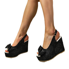 LIZAKOSHT - Slope Heel Sandals Female Summer New Bow Embroidery High-heeled Fish Mouth Shoes Thick Bottom Fashion Versatile Women Shoes