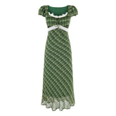 LIZAKOSHT - Summer New Women's Clothing French Green Grid Square Collar Lace Patchwork Jumpsuit Sweet and Fresh Club Party Long Dress
