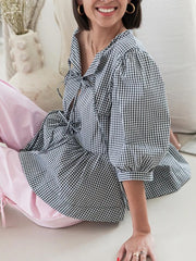 LIZAKOSHT - Women's Spring Summer Casual Peplum Tops Half Sleeve Open Front Tie Up Solid Color/Plaid Blouse Female Basic Shirts Streetwear