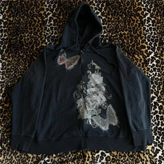 LIZAKOSHT  -   Women's Fall Grunge Hoodies Sweatshirts Skull Floral Print Long Sleeve Hood Jacket Zip Up Loose Coat Y2K Aesthetic Streetwear