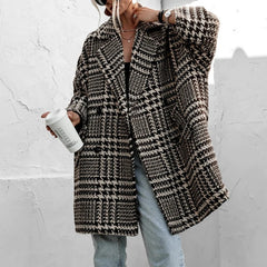 LIZAKOSHT - Elegant Turn-down Collar Woolen Jacket Women Coat Fall Double Breasted Commuter Top Cardigan Winter Houndstooth Print Outerwears