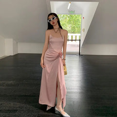 LIZAKOSHT - Suspender Dress Slit Satin Rose Flower Ribbon Pleated Design Pink High Quality Summer New Niche Suspender Long Dress