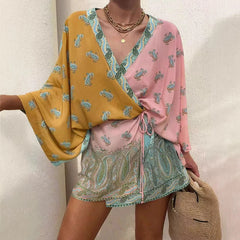 LIZAKOSHT - Women Fashion Pattern Print Mini Party Dress Elegant Deep V-neck Cover Up Robe Dress Casual Lantern Sleeve Lace-Up A-Line Dress