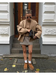 LIZAKOSHT - Women V-neck Khaki Thicken Wool Jacket Autumn Winter Chic Loose Blend Coat Female Streetwear Warm Outfit Coats for Women