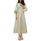 LIZAKOSHT - Women Fashion Midi Dress Vintage Striped Print Contrasting Lantern Sleeve Backless Tie-up Waist A-Line Dress Casual Streetwear