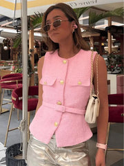 LIZAKOSHT - Autumn Belt Sleeveless Vest Shirt Women O Neck Patchwork Gold Button Cardigan Tops 2025 Street Elegant Casual Tank Top