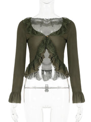 LIZAKOSHT - Ruffles Lace Trim Patchwork One Button Chiffon Cardigan Sexy See Through Chic Y2k Flared Long Sleeve Slim Crop Top Lady