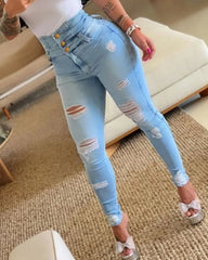 LIZAKOSHT - Y2K Womens High Waist Denim Pants Spring Autumn High Elasticity Slimming Piercing Small Leg Pants