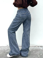 LIZAKOSHT - Low Rise Baggy Jeans Y2K Star Print Denim Pockets Patchwork Women Pants Streetwear Retro Casual Jean Trousers Korean