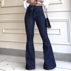 LIZAKOSHT - New Women Denim Tie Waist Flare Jeans Boyfriend Jeans Ladies High Waist Skinny bell bottom jeans Pants Autumn Wide Leg Mom Jeans