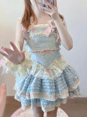 LIZAKOSHT  -  Japanese cute layer cake Lolita dress Blue sweet little girl heavy fluffy short skirt
