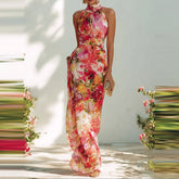 LIZAKOSHT - Elegant Sleeveless Hight Waist Holiday Long Dress Women Fashion Draped Summer Dress Sexy Halter Floral Print Bohe Bodycon Dress