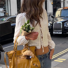LIZAKOSHT - Long Sleeve Tie-up Hollowed Ladies Jacket Fall Spring Tops Women Boho Vintage Embroidery Cardigan T shirt Top Vintage Streetwear