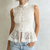 LIZAKOSHT - Womens Ruffle Trim Lace Mandarin Collar Guipure Split Tank Top Sleeveless Shirt Blouses Vests Y2K Streetwear