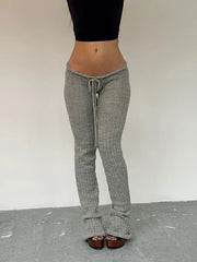 LIZAKOSHT - Knitted Sexy Low Waist Drawstring Women Pant Patchwork See Through Long Trousers Autumn Winter Slim Casual Streetwear